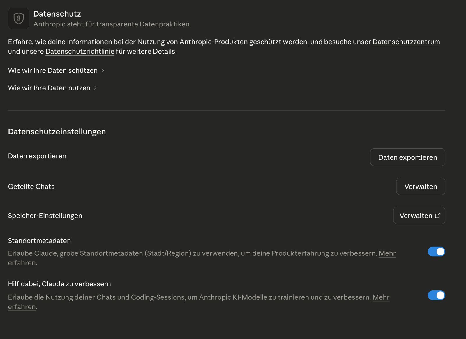 Full privacy settings page showing training opt-in ON