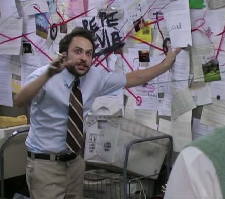 Charlie Day conspiracy board meme — red string connecting evidence, exactly like 'roter Faden'