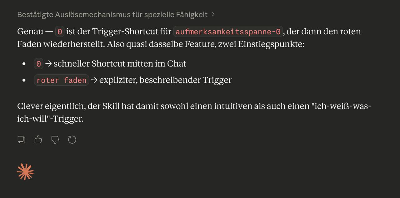Claude confirming dual trigger: 0 and roter faden